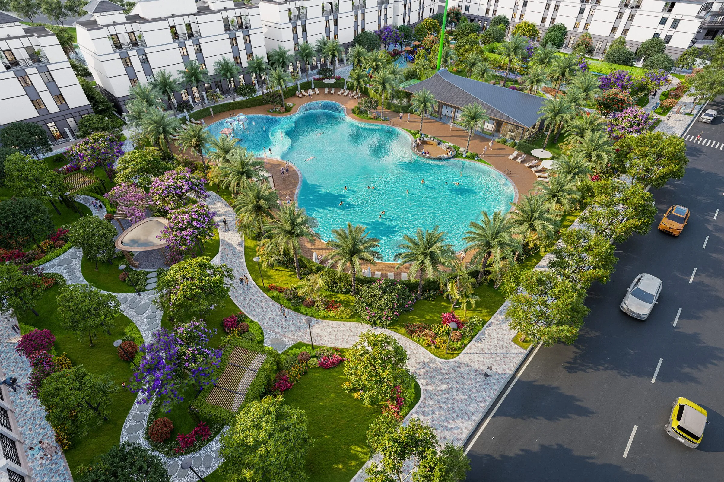 Công viên điểm nhấn với bể bơi ngoài trời tại Vinhomes Pearl Bay